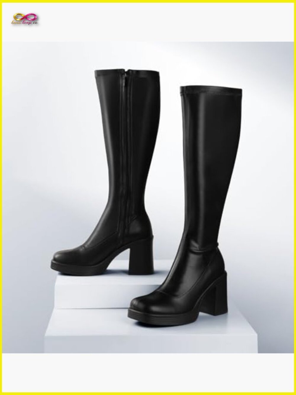 Knee High Platform Boots Chunky Heel Side Zipper Square Toe Gogo Boots - Picture 5 of 7